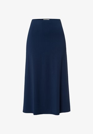 Jupe bleu marine, mi-longue, en tissu doux ; présente une taille lisse et ajustée ainsi qu'une silhouette évasée. Sans motifs ni accessoires.