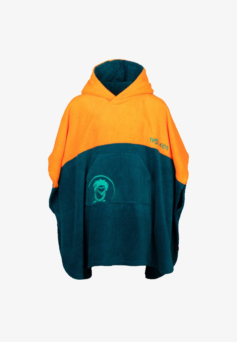 Kapuzenponcho aus weichem Frottee, mit orangefarbener oberer Hälfte und türkisfarbener unterer Hälfte, vorn mit Tasche und grüner Charaktergrafik.