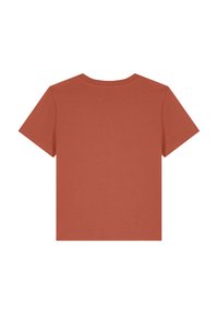 Rostfarbener T-Shirt mit kurzen Ärmeln und rundem Halsauschnitt, aus weichem Material gefertigt, mit glatter Textur und einfachem Rückendesign.