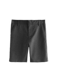 Dunkelgraue Shorts aus strukturiertem Stoff mit flachem Vorderteil, zwei seitlichen Taschen und einem sauberen Saum am unteren Rand.