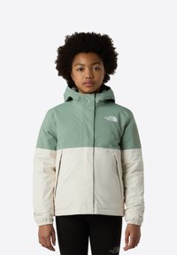 Jeune personne portant une veste d'hiver The North Face verte et blanche avec une capuche, debout devant un fond uni.
