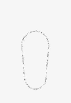 Collier en chaîne argentée avec des maillons ovales et ronds alternés, et une fermeture à mousqueton.