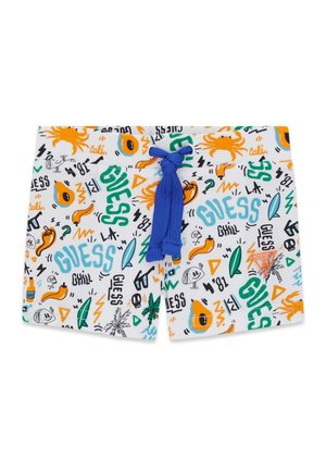 Weiße Kinder-Badeshorts mit blauem Kordelzug, versehen mit bunten tropischen und strandbezogenen Kritzeleien, darunter Krabben, Blätter und das Wort "GUESS."