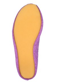 Paarse schoeninlegzool met een textiele bovenkant en een gladde gele schuimbasis, met een ronde neus en een scherpe rand.