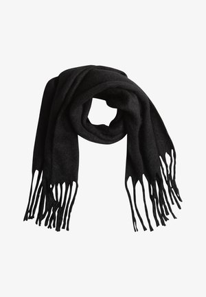 Écharpe en laine noire avec un tissu doux et texturé, dotée d'extrémités à franges. Le design se drape en plis, créant une apparence confortable.