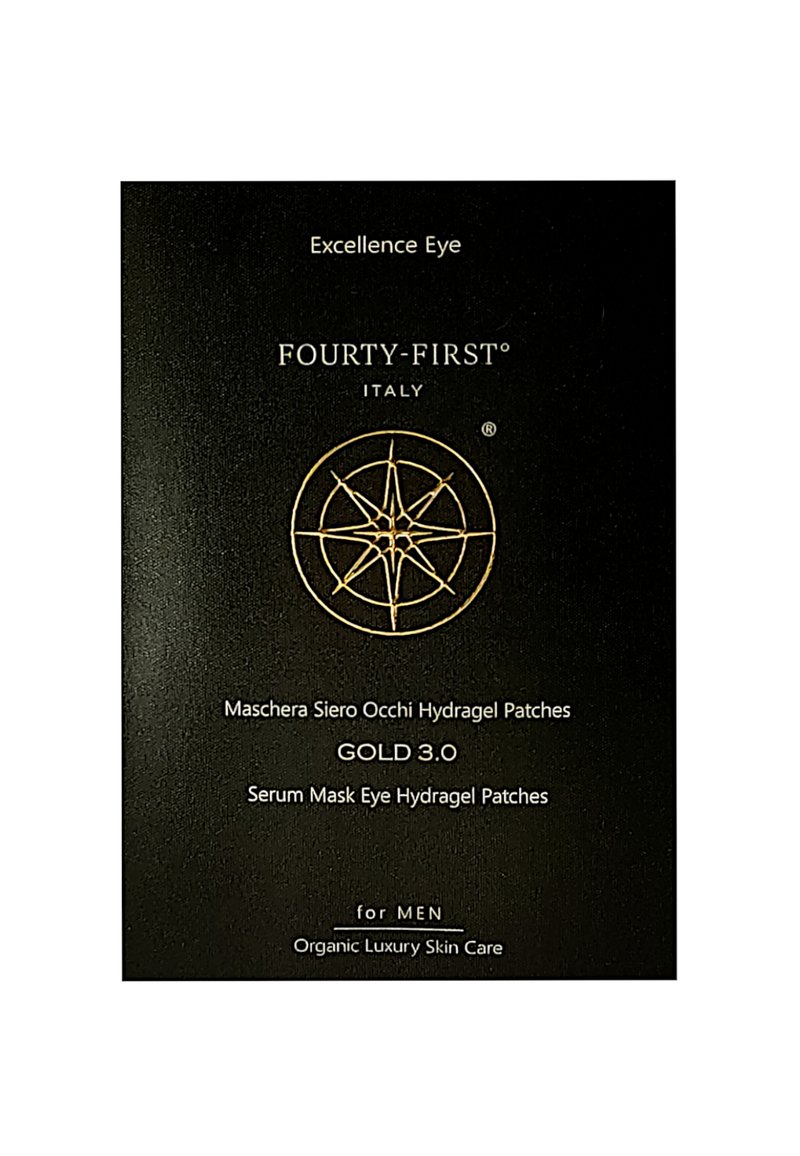 Zwarte verpakking met gouden tekst en een kompasachtig ontwerp. Tekst omvat "Excellence Eye" en "GOLD 3.0." Ontworpen voor huidverzorging voor mannen.