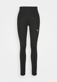 Leggings neri con vita alta, realizzati in tessuto elasticizzato. Presentano cuciture piatte e unlogo bianco sul lato destro della gamba.