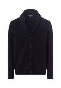 Ciemnogranatowy kardigan z szalowym kołnierzem, o żebrowej fakturze, z sześcioma czarnymi guzikami z przodu. Długi rękaw i dopasowany krój.