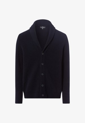 Ciemnogranatowy kardigan z szalowym kołnierzem, o żebrowej fakturze, z sześcioma czarnymi guzikami z przodu. Długi rękaw i dopasowany krój.