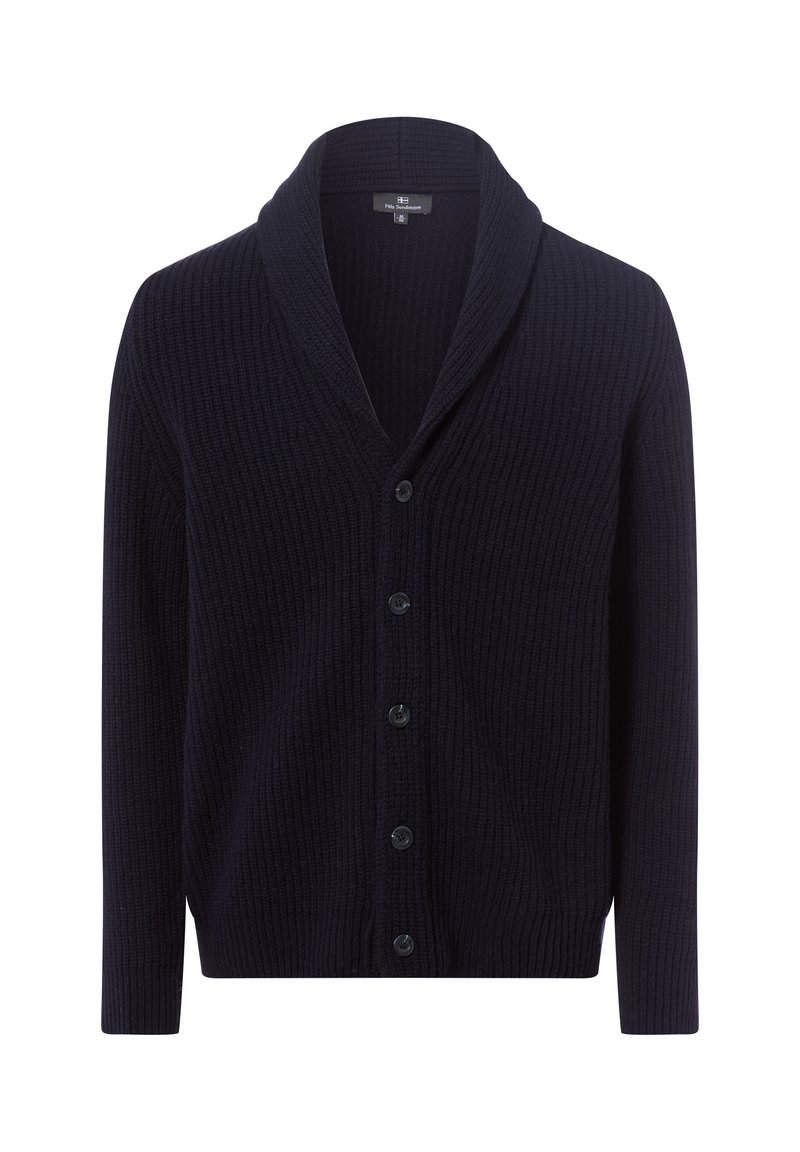 Ciemnogranatowy kardigan z szalowym kołnierzem, o żebrowej fakturze, z sześcioma czarnymi guzikami z przodu. Długi rękaw i dopasowany krój.