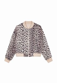 Skraťená bomber bunda z mäkkého materiálu, s béžovým základom a čiernymi leopardími škvrnami, s kvalitnými rukávmi, golierom a predným zipsom.