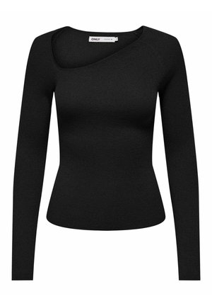 Maglia nera a maniche lunghe con texture a coste, caratterizzata da un collo asimmetrico e una silhouette aderente. Design semplice senza decorazioni.
