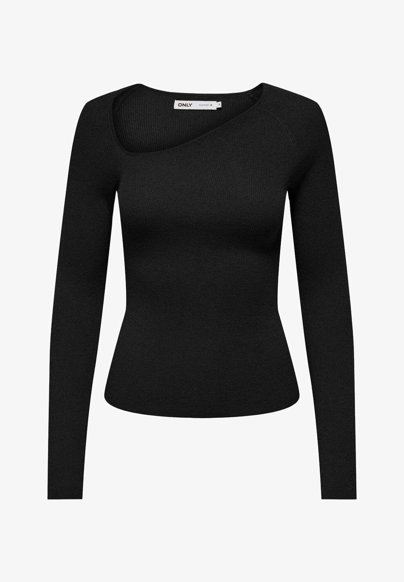 Maglia nera a maniche lunghe con texture a coste, caratterizzata da un collo asimmetrico e una silhouette aderente. Design semplice senza decorazioni.