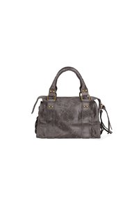 Sac à main en faux cuir gris avec deux poignées, accents de matériel doré, détail de pompon sur le côté et un design structuré.