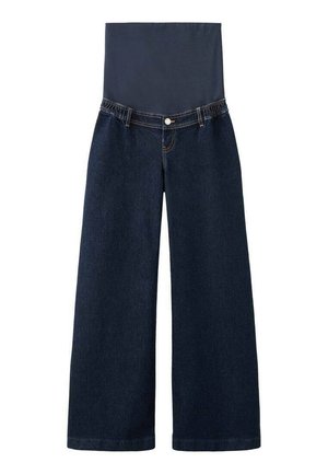 Ciemnoniebieskie dżinsy o szerokich nogawkach z wysokim stanem i elastycznym panelem materiału. Posiadają przedni guzik oraz subtelne detale szwów.