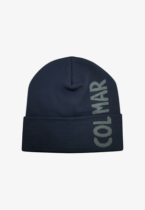 Cappello beanie blu navy in materiale lavorato a maglia, con risvolto e testo "COLMAR" in grigio chiaro sul lato.