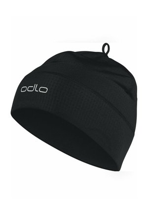 Schwarze Thermo-Mütze aus strukturiertem Stoff, mit einer kleinen Schlaufe oben und dem „odlo“-Logo in hellen Buchstaben vorne.