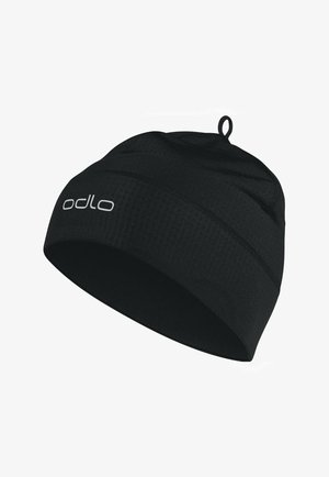Cuffia termica nera con tessuto strutturato, un piccolo laccetto sulla parte superiore e logo "odlo" stampato in lettere chiare sul davanti.