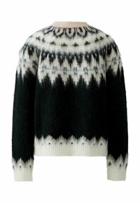 Pull en noir et blanc en peluche avec un col rond, présentant un motif géométrique à l'empiècement et un corps noir uni, avec des poignets et un ourlet côtelés.