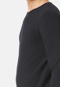 Uomo che indossa una maglietta nera a maniche lunghe semplice, visto di lato su uno sfondo bianco.