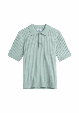 Light green ribbed knit short-sleeve polo shirt with three buttons and a folded collar, displayed on a white background.
