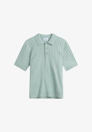 Light green ribbed knit short-sleeve polo shirt with three buttons and a folded collar, displayed on a white background.