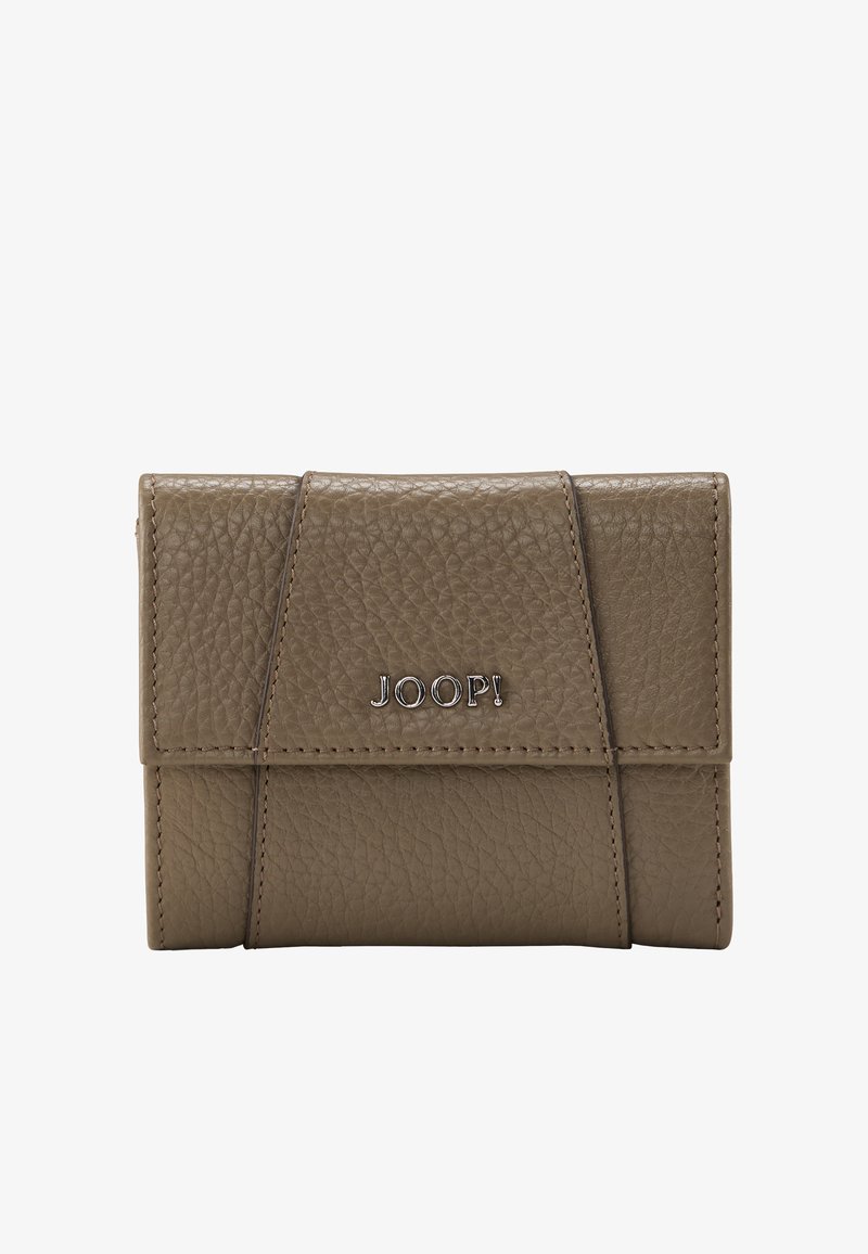 Portefeuille en cuir taupe avec une finition texturée, doté d'un rabat pliable et du logo argent "JOOP!". Design compact et accents cousus.