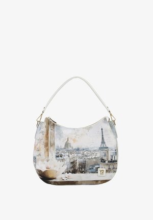 Borsa con stampa del paesaggio urbano di Parigi, inclusa la Torre Eiffel, edificio con cupola e grandi fiori bianchi, dotata di manico bianco e dettagli in tonalità oro.