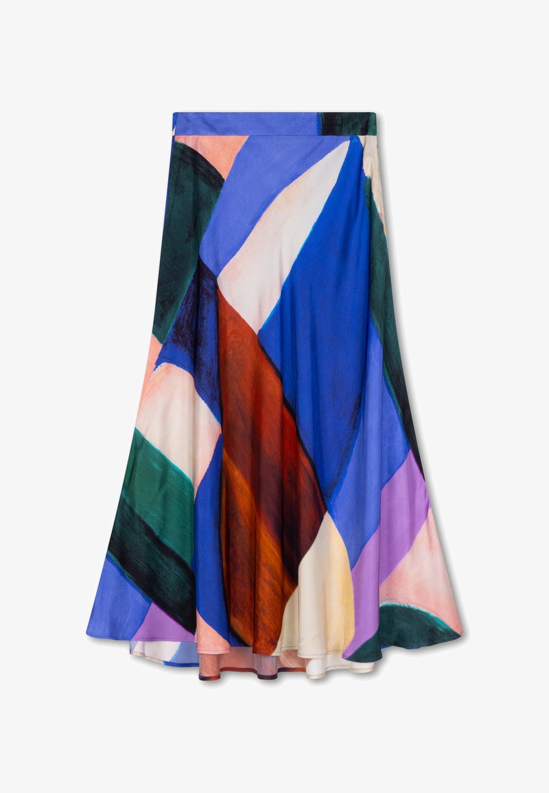 Kleurige midi-rok met een geometrisch patroon in tinten blauw, groen, bruin en roze. Gemaakt van lichtgewicht stof met een uitlopende vorm.