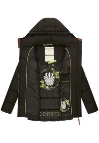 Black padded jacket with green accents, featuring a logo, inner pockets, and a zip closure. Lined with patterned fabric and branding details.