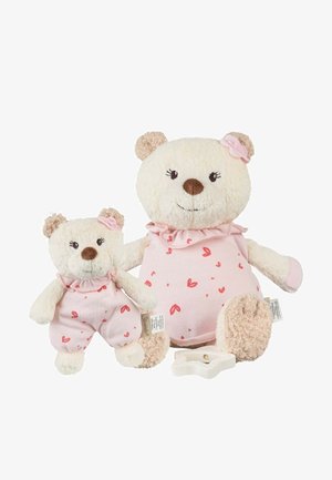 Two cream teddy bears in pink outfits with red hearts, one large and one small, both with flower headbands and a white star-shaped rattle.