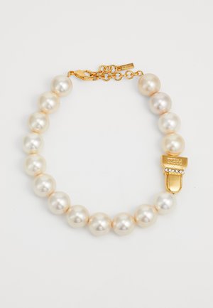 Pearl necklace with round, lustrous cream pearls, featuring a gold clasp with rhinestone accents. Textured finish adds elegance.