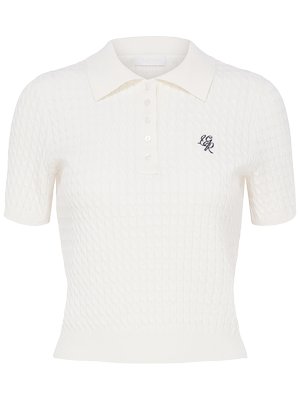 Polo à manches courtes en maille blanche avec motif texturé, patte de boutonnage et petit logo brodé "LGR" sur la poitrine gauche.
