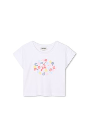Witte cropped t-shirt met korte mouwen. Heeft een kleurrijke bloemenprint rondom de tekst "hi" in het midden. Gemaakt van zacht katoen.