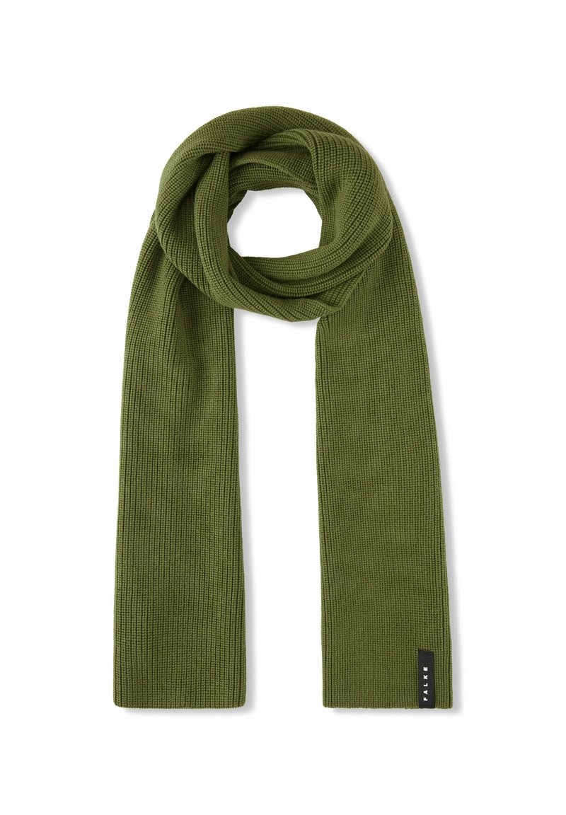 Sciarpa a coste in verde oliva con una consistenza morbida. Presenta un'etichetta con marchio nera a un'estremità. Design lungo e ampio per uno stile versatile.