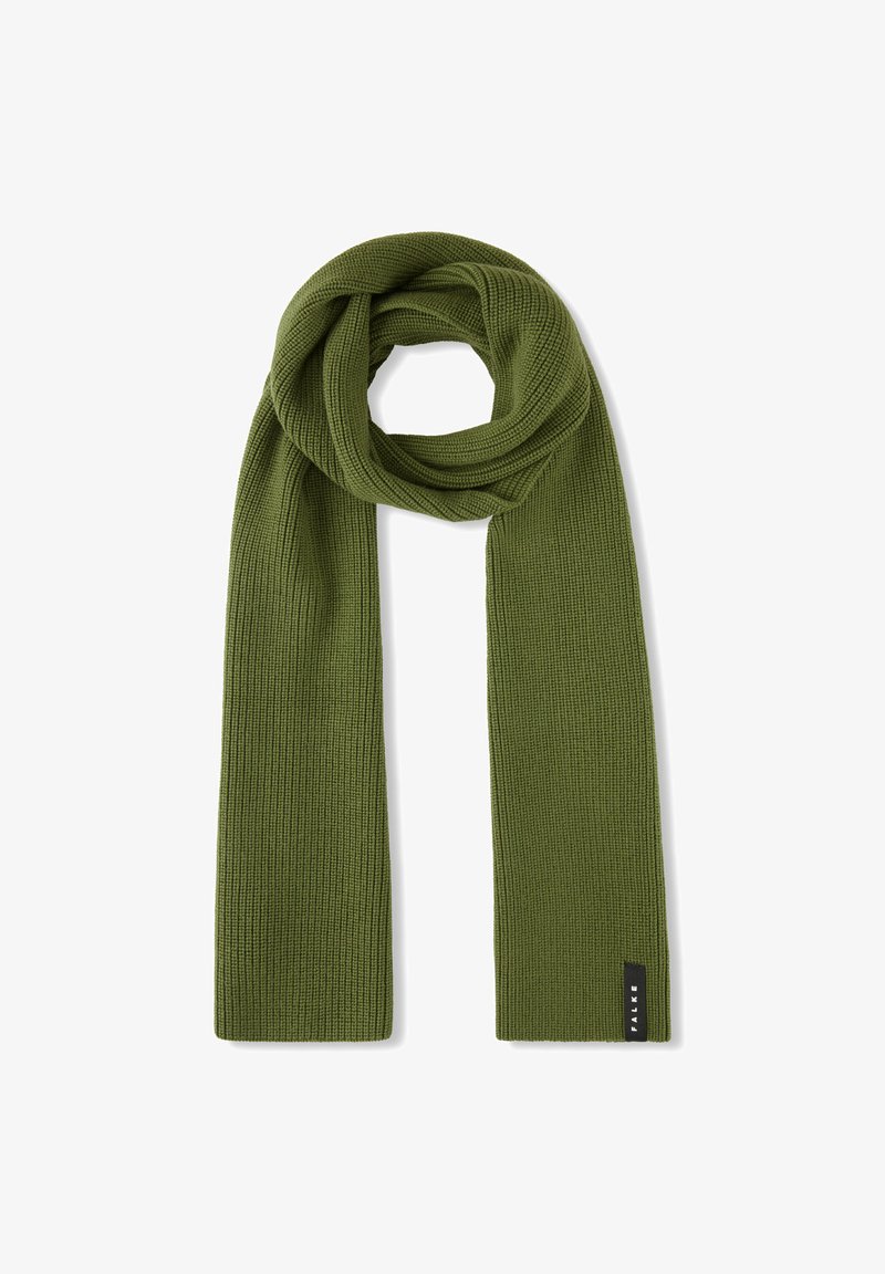 Sciarpa a coste in verde oliva con una consistenza morbida. Presenta un'etichetta con marchio nera a un'estremità. Design lungo e ampio per uno stile versatile.