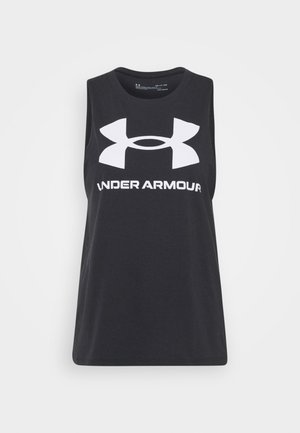 Juodas be rankovių sportinis marškinėlis su dideliu baltu Under Armour logotipu priekyje ir apvaliu kaklu, pagamintas iš minkštos medžiagos.