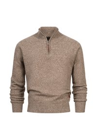 Brun zip-up tröja i strukturerat stickat material; har en hög krage, ribbade ärmslut och en liten läderdetalj på fållen.