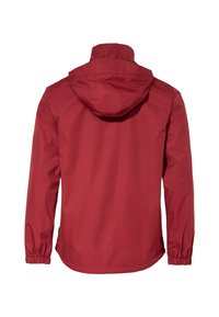 Červená lehká bunda s kapucí, elastickými manžetami a mírně zakřiveným lemem. Hladká textura, casual design, vhodná pro venkovní nošení.