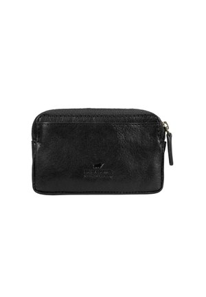 Portafoglio nero in pelle con zip, forma rettangolare, texture liscia, dettaglio con logo impresso e piccolo tirazip.