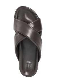 Dark brown leather slide sandal with crossed straps, smooth texture, open toe, and flat sole. Logo printed on the insole.