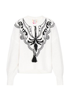 Bela majica s črno vezenim vzorcem in detajli s čipkastimi resicami, okroglo ovratnikom in dolgimi rokavi, narejena iz mehke, teksturirane pletene tkanine.