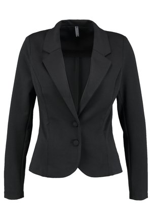 Schwarzer Blazer mit taillierter Silhouette, Reverskragen, einreihigem Knopfverschluss und langen Ärmeln. Glatter Stoff mit strukturiertem Design.