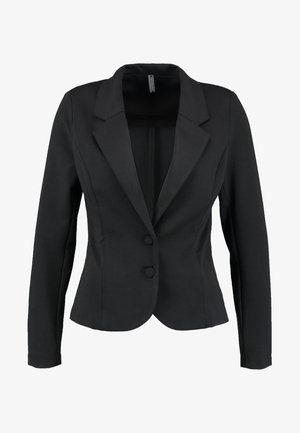 Schwarzer Blazer mit taillierter Silhouette, Reverskragen, einreihigem Knopfverschluss und langen Ärmeln. Glatter Stoff mit strukturiertem Design.