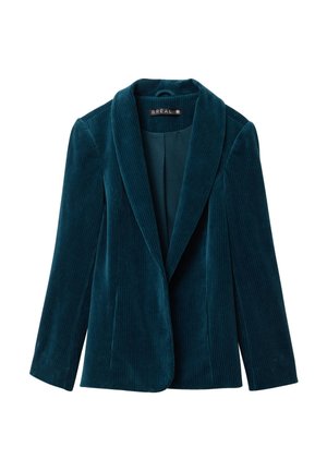 Teal fluwelen blazer met een sjalkraag, lange mouwen en een sluiting met één knoop. Kenmerkt zich door een geribbelde textuur en een op maat gemaakte pasvorm.