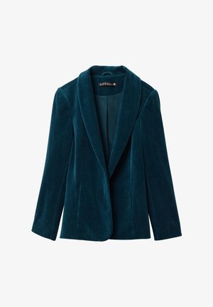 Teal fluwelen blazer met een sjalkraag, lange mouwen en een sluiting met één knoop. Kenmerkt zich door een geribbelde textuur en een op maat gemaakte pasvorm.