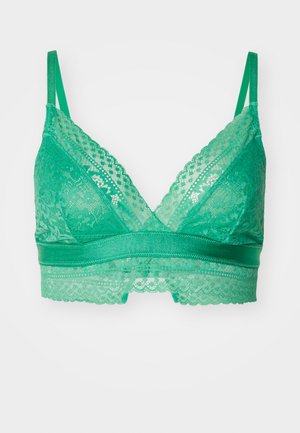 Groene kant bralette met een driehoekig ontwerp, ingewikkelde bloempatronen, geschulpte randen en verstelbare bandjes. Zacht, rekbaar materiaal.