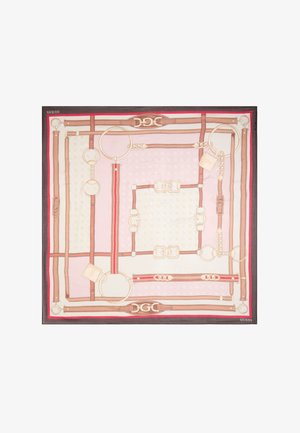 Sciarpa di seta con motivo misto di cinturini intrecciati e dettagli in metallo nei toni beige, rosa e accenti dorati, bordata da tessuto scuro.