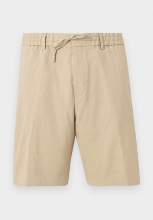 Beige knielange korte broek met een taillekoord, riemlussen en een vlakke voorkant, afgebeeld op een effen achtergrond.