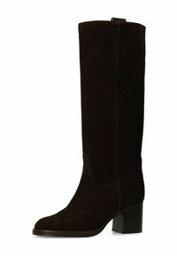 Botte haute en daim noir avec un bout arrondi, un talon bloc modéré et des coutures contrastées le long des coutures latérales.